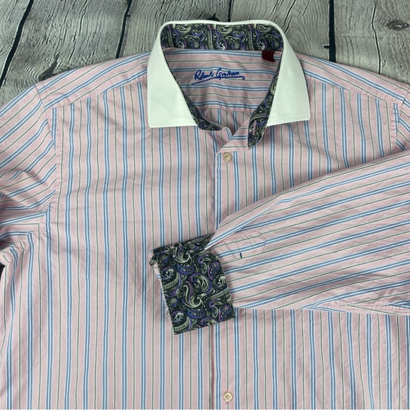 Robert Graham Shirt Men’s Large Pink Blue Stripe Long Sleeve Button Flip‎ Cuff - Picture 1 of 10